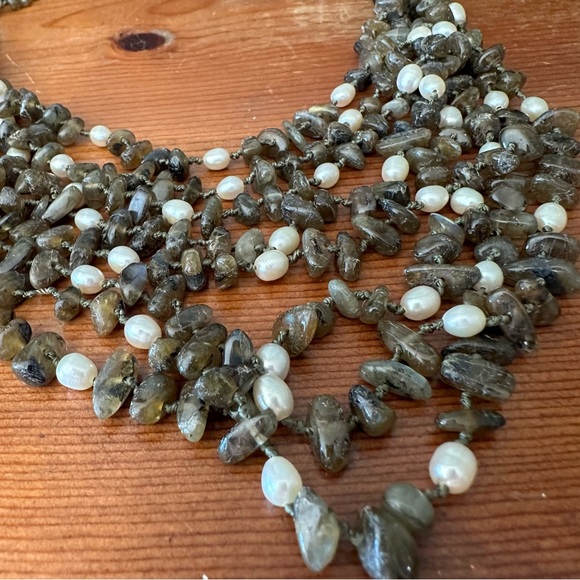 Jaden Labradorite Green Moss & Real Pearl Huge Multi-strand Necklace Heavy Duty - Picture 13 of 16